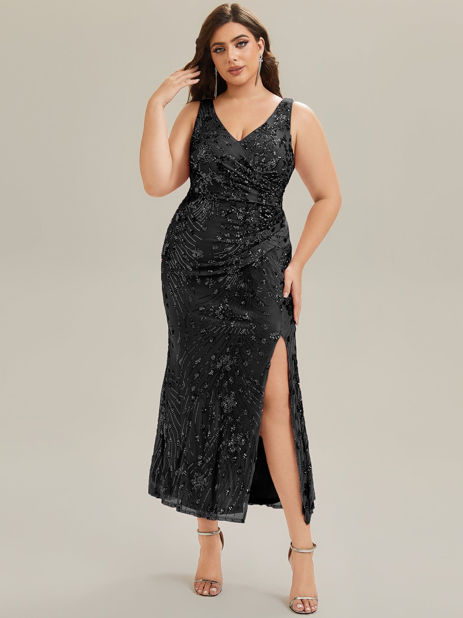 Knotted Sequin Sleeveless Evening Dress #color_Black