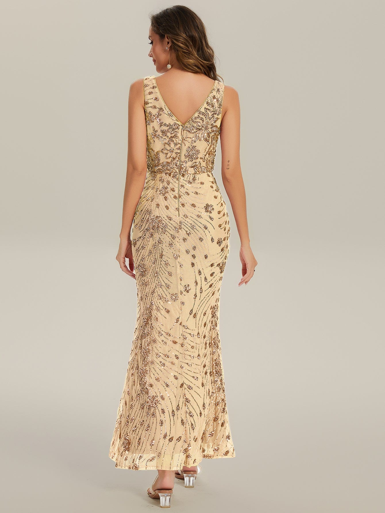 Knotted Sequin Sleeveless Evening Dress #color_Gold