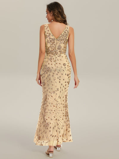 Knotted Sequin Sleeveless Evening Dress #color_Gold