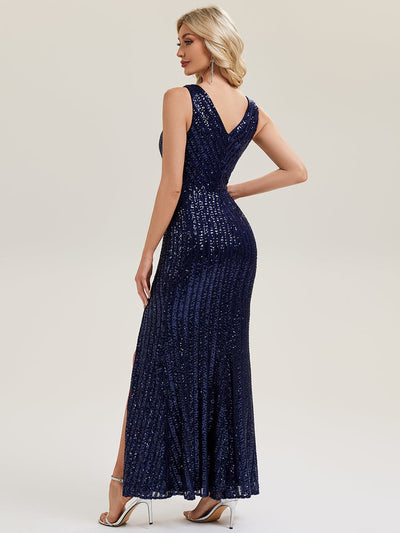 Thigh-High Slit Sequin Sleeveless Evening Dress #color_Navy Blue