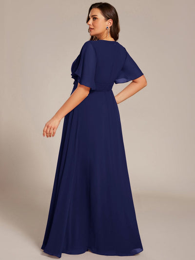 Pleated Short Sleeve Ruffled Maxi Evening Dress #color_Navy Blue