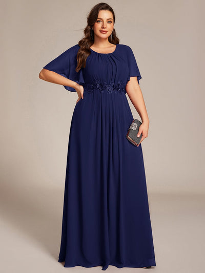Pleated Short Sleeve Ruffled Maxi Evening Dress #color_Navy Blue