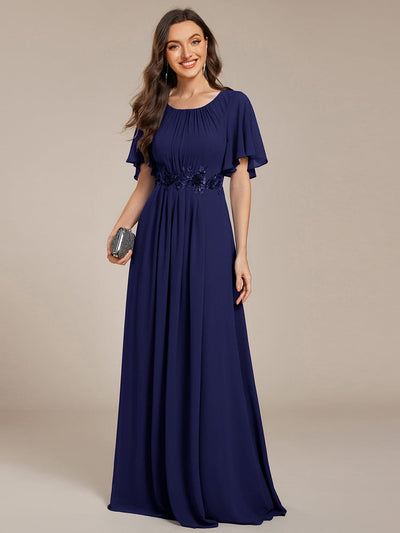 Pleated Short Sleeve Ruffled Maxi Evening Dress #color_Navy Blue