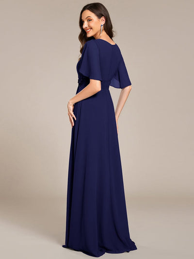 Pleated Short Sleeve Ruffled Maxi Evening Dress #color_Navy Blue