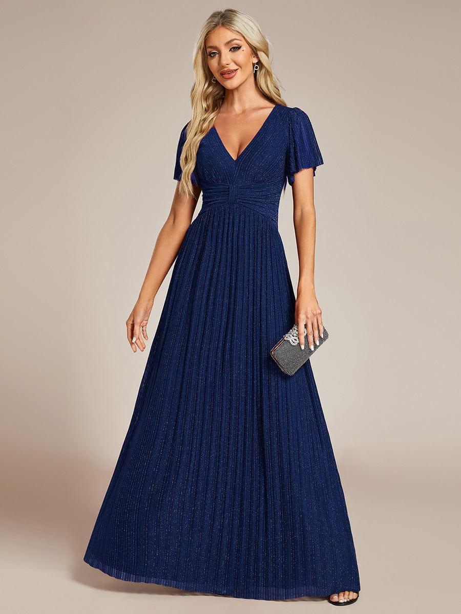 Sparkle Short Sleeves Formal Evening Dress with V-Neck #color_Navy Blue