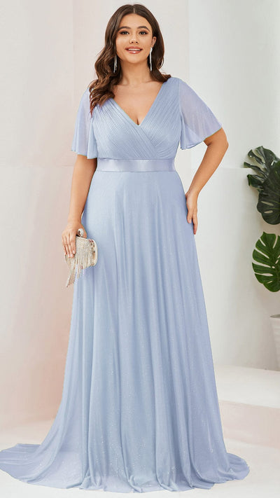 Plus Size Long Shimmery Pleated V-Neck Evening Dress with Flutter Sleeve #color_Ice Blue