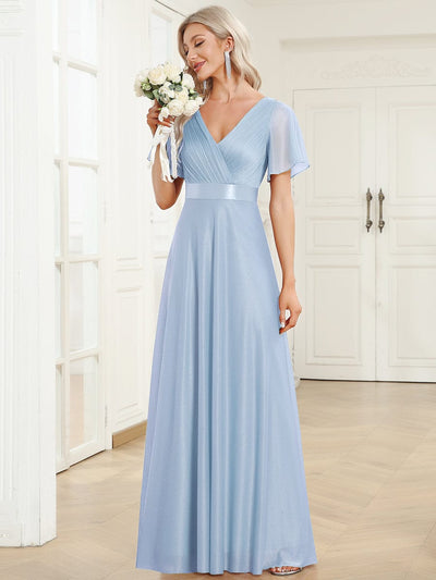 Long Shimmery Flutter Sleeve Pleated V-Neck Evening Dress #color_Ice Blue