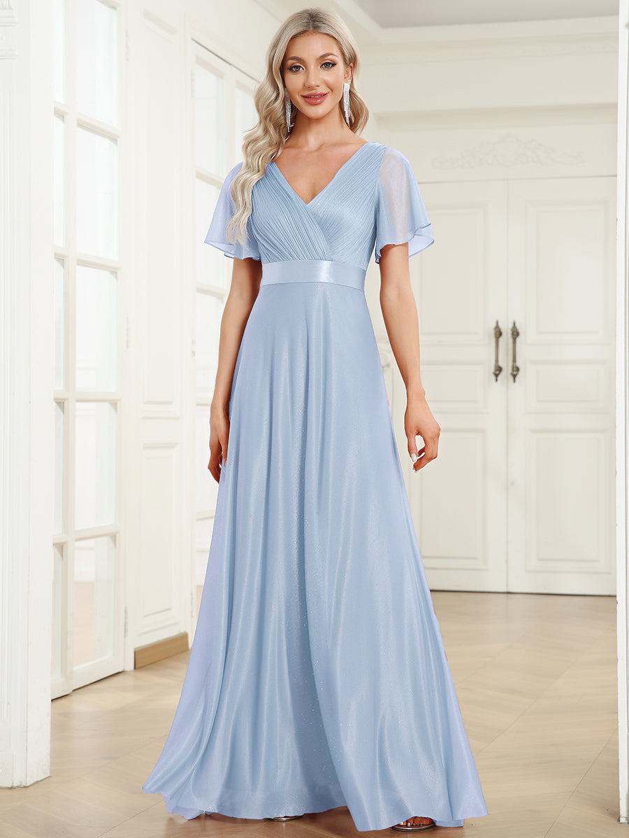Long Shimmery Flutter Sleeve Pleated V-Neck Evening Dress #color_Ice Blue