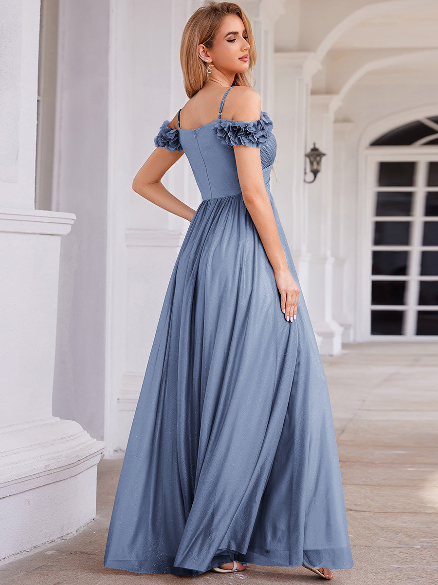 Sparkling V-Neck Cold-Shoulder Pleated Evening Dress with Floral Details #color_Dusty Blue