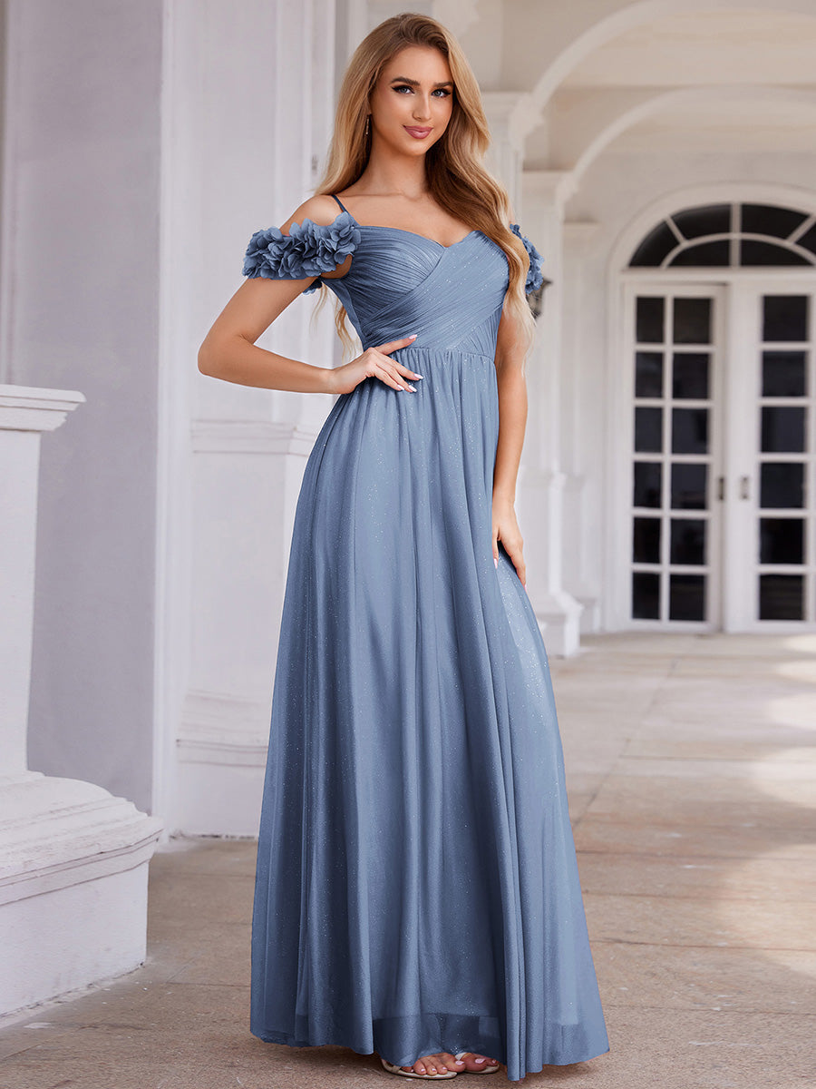 Sparkling V-Neck Cold-Shoulder Pleated Evening Dress with Floral Details #color_Dusty Blue
