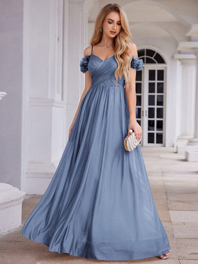 Sparkling V-Neck Cold-Shoulder Pleated Evening Dress with Floral Details #color_Dusty Blue