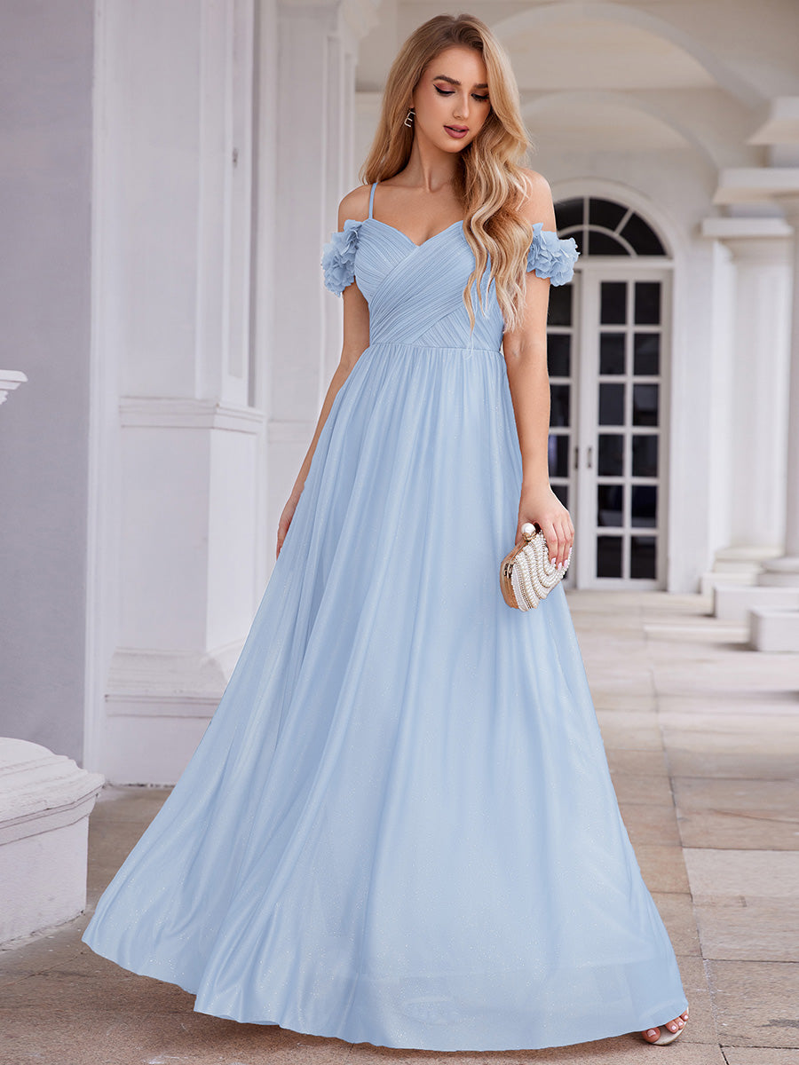 Sparkling V-Neck Cold-Shoulder Pleated Evening Dress with Floral Details #color_Ice Blue