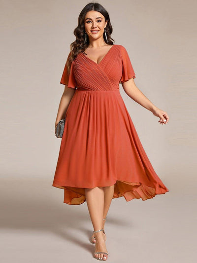 Plus Size V-Neck High-Low Chiffon Wedding Guest Dress #color_Burnt Orange