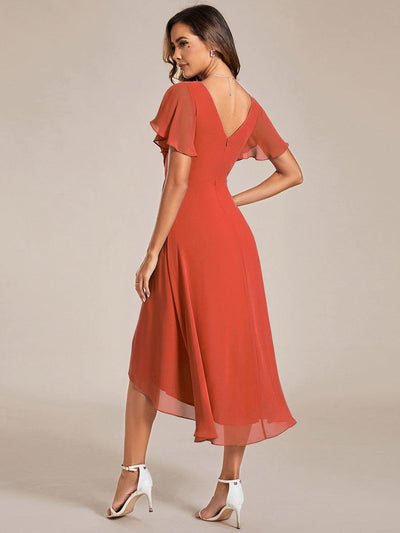 Chic V Neck High-Low Wedding Guest Dress #color_Burnt Orange