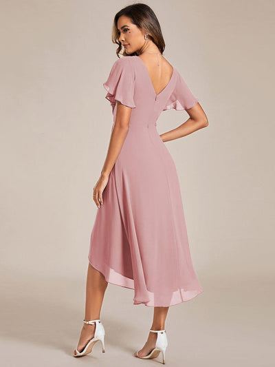 Chiffon Pleated V Neck High-Low Bridesmaid Dress #color_Dusty Rose