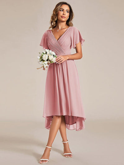 Chiffon Pleated V Neck High-Low Bridesmaid Dress #color_Dusty Rose
