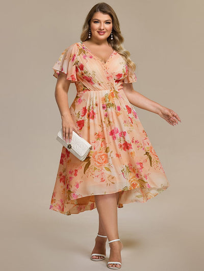 Plus Size V-Neck High-Low Chiffon Wedding Guest Dress #color_Peach Fuzz