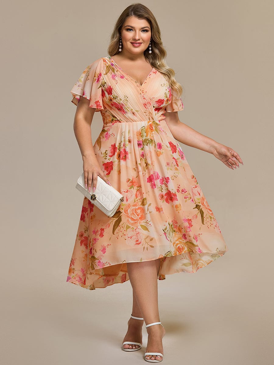 Plus Size V-Neck High-Low Chiffon Wedding Guest Dress #color_Peach Fuzz