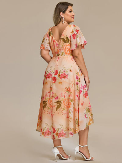 Plus Size V-Neck High-Low Chiffon Wedding Guest Dress #color_Peach Fuzz