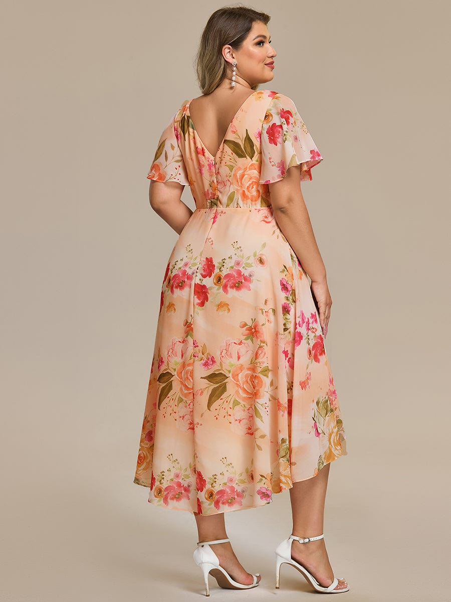 Plus Size V-Neck High-Low Chiffon Wedding Guest Dress #color_Peach Fuzz