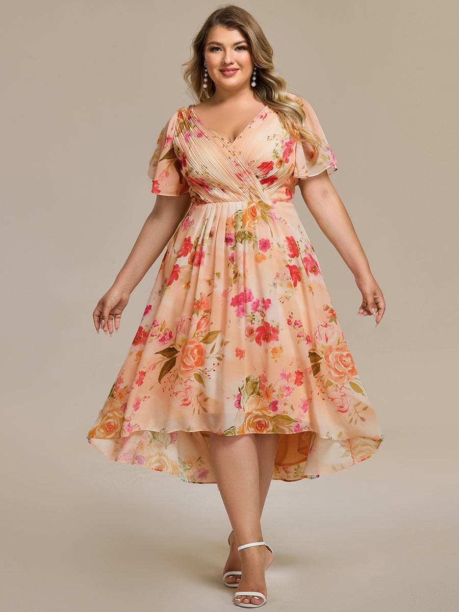 Plus Size V-Neck High-Low Chiffon Wedding Guest Dress #color_Peach Fuzz