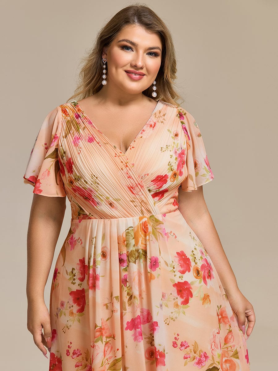 Plus Size V-Neck High-Low Chiffon Wedding Guest Dress #color_Peach Fuzz