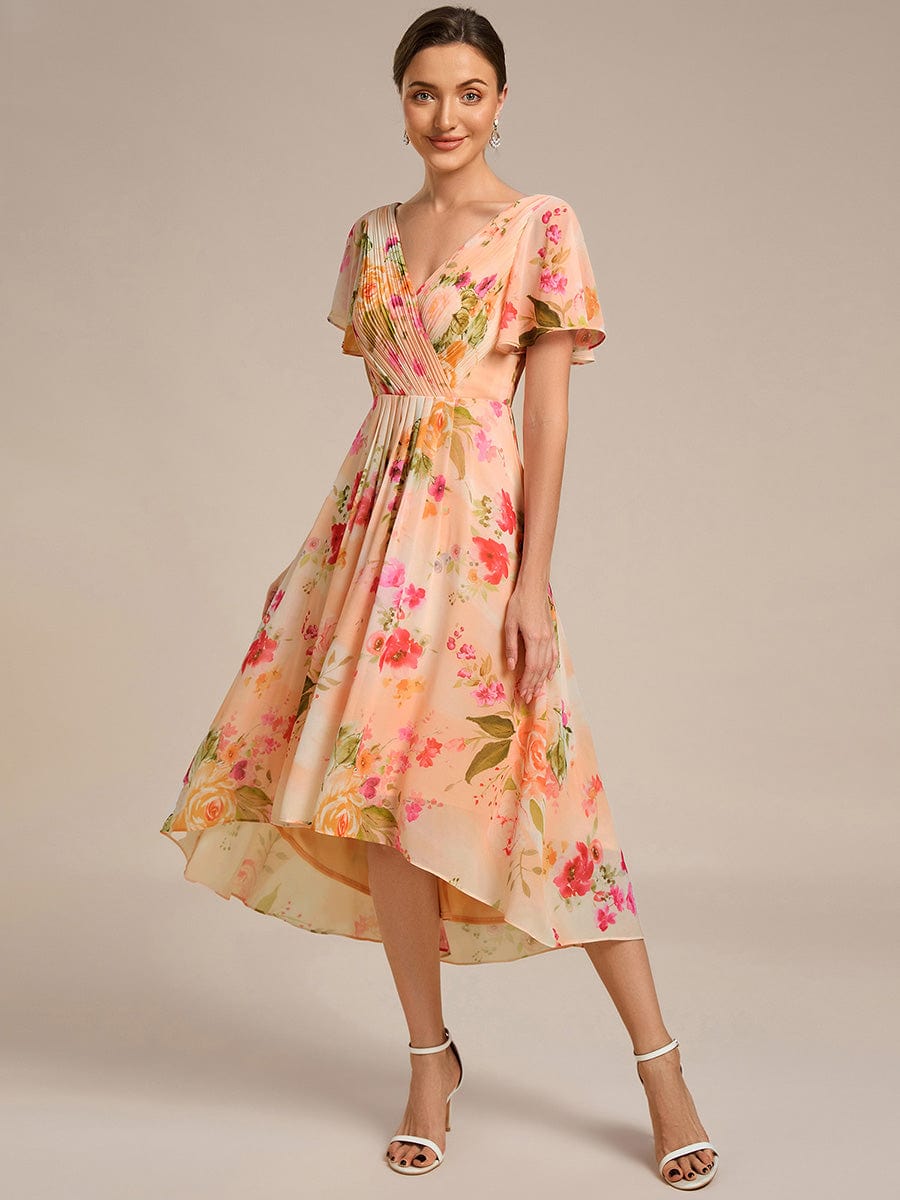 Chic V Neck High-Low Short Sleeve Wedding Guest Dress #color_Peach Fuzz
