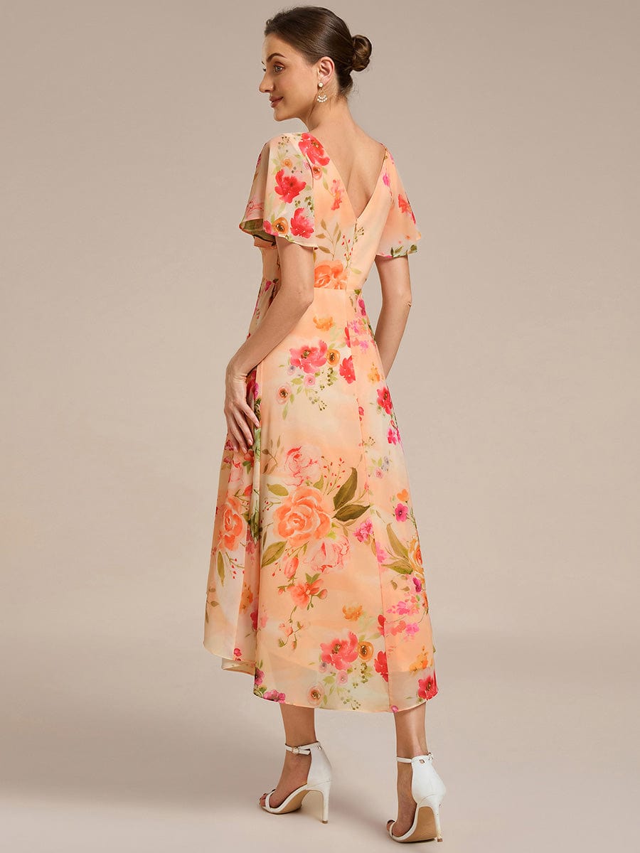 Chic V Neck High-Low Short Sleeve Wedding Guest Dress #color_Peach Fuzz
