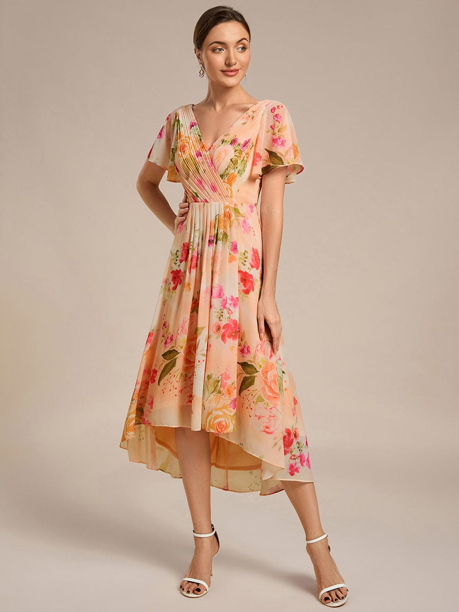 Chic V Neck High-Low Short Sleeve Wedding Guest Dress #color_Peach Fuzz