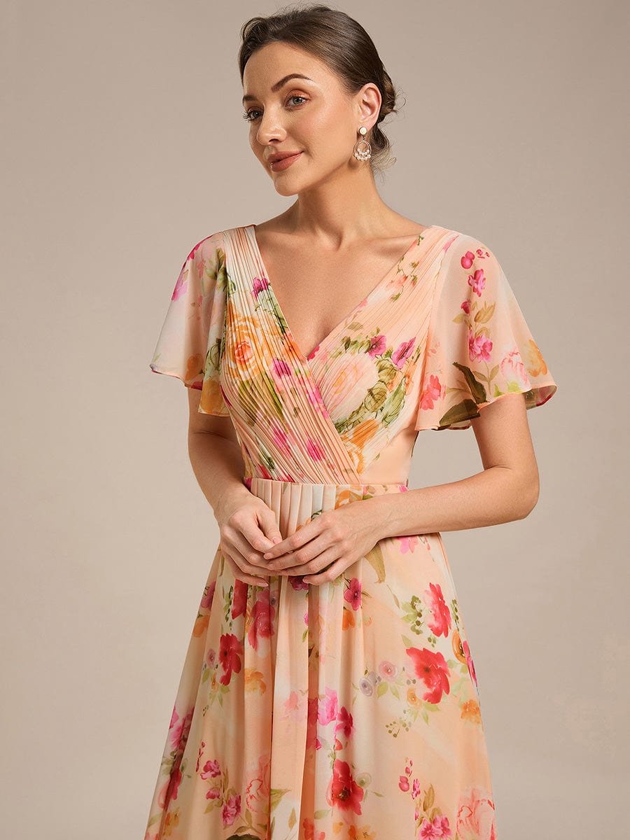 Chic V Neck High-Low Short Sleeve Wedding Guest Dress #color_Peach Fuzz