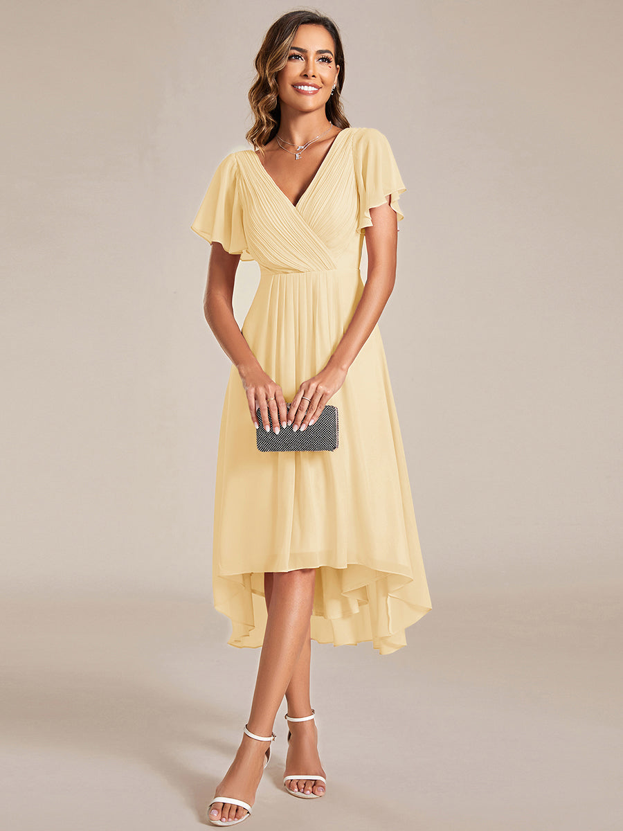 Chic V Neck High-Low Short Sleeve Wedding Guest Dress #color_Yellow