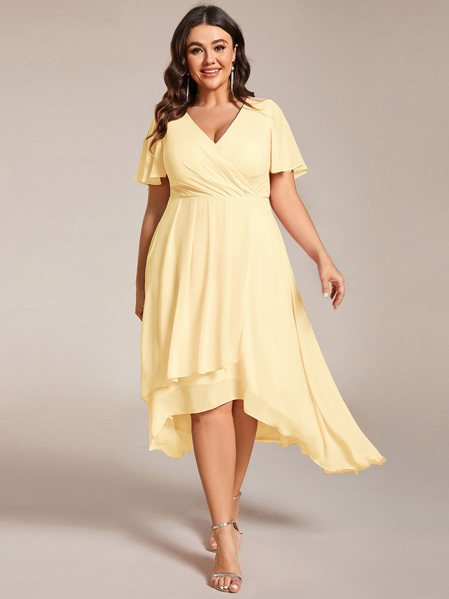 Plus Size Chiffon Short Sleeve High-Low Wedding Guest Dress #color_Yellow