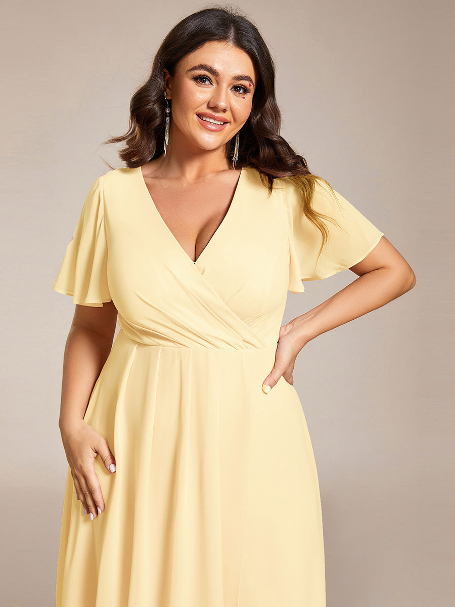 Plus Size Chiffon Short Sleeve High-Low Wedding Guest Dress #color_Yellow