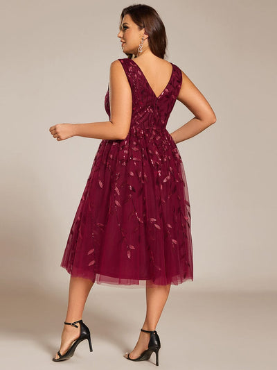 Sequined V-Neck A-Line Midi Wedding Guest Dress with Sleeveless #color_Burgundy