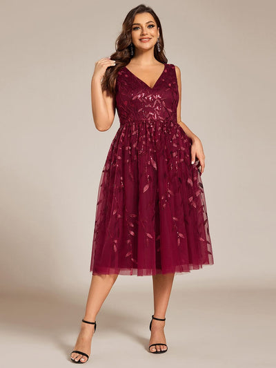 Sequined V-Neck A-Line Midi Wedding Guest Dress with Sleeveless #color_Burgundy