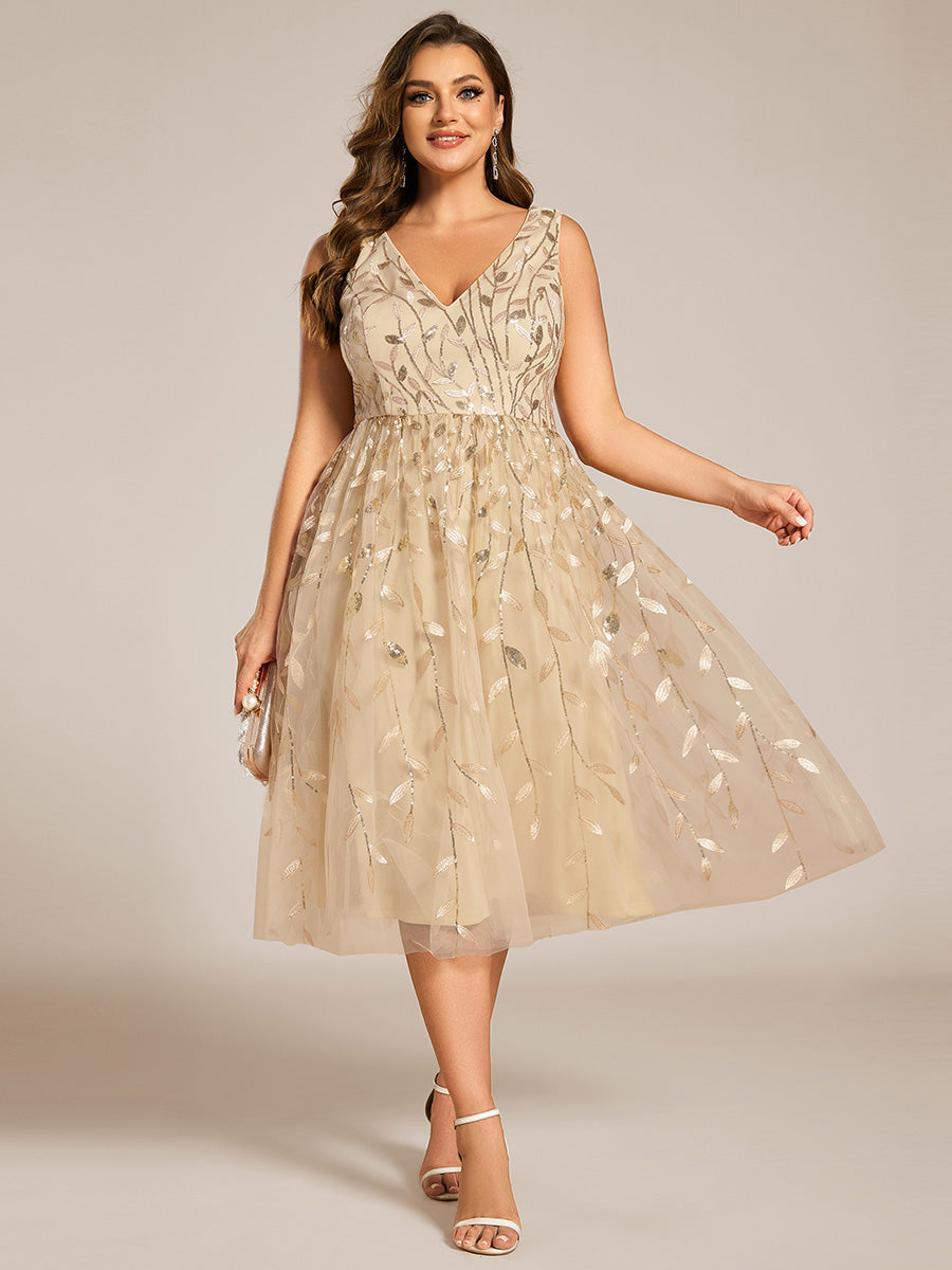 Sequined V-Neck A-Line Midi Wedding Guest Dress with Sleeveless #color_Gold
