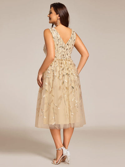 Sequined V-Neck A-Line Midi Wedding Guest Dress with Sleeveless #color_Gold