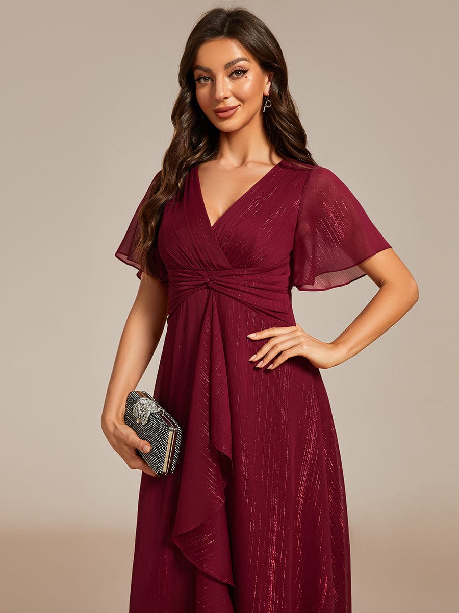 Plus Size Metallic Silver Fabric Short-Sleeved V-Neck A-Line Dress with Ruffled Hem #color_Burgundy
