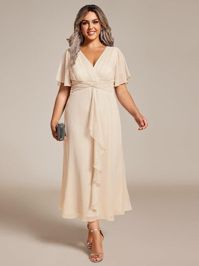Plus Size Metallic Silver Fabric Short-Sleeved V-Neck A-Line Dress with Ruffled Hem #color_Champagne