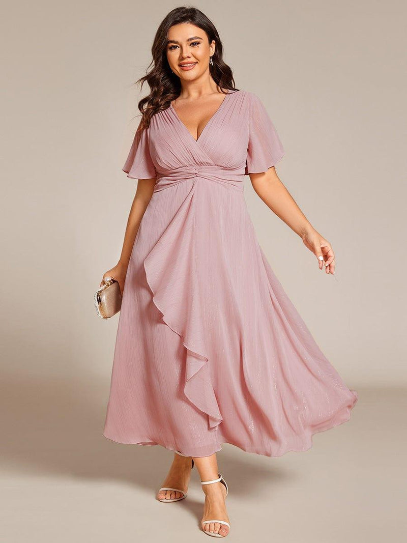 Plus Size Glitter V-Neck A-Line Wedding Guest Dress with Delicate