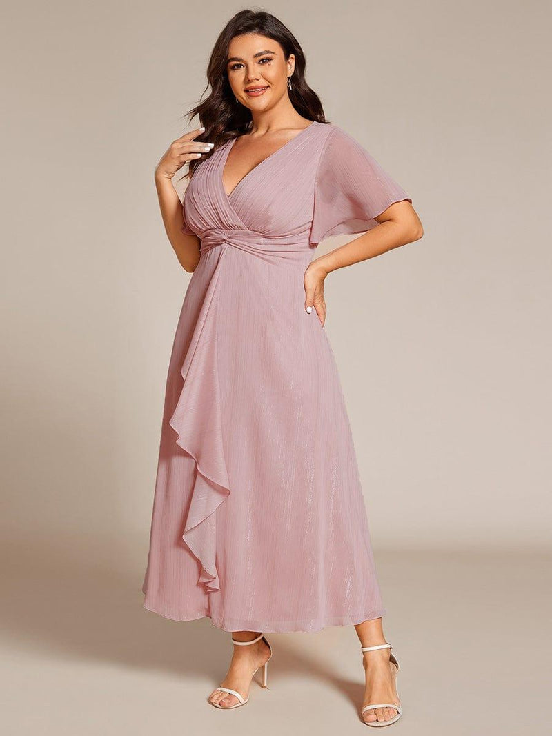 Plus Size Glitter V-Neck A-Line Wedding Guest Dress with Delicate