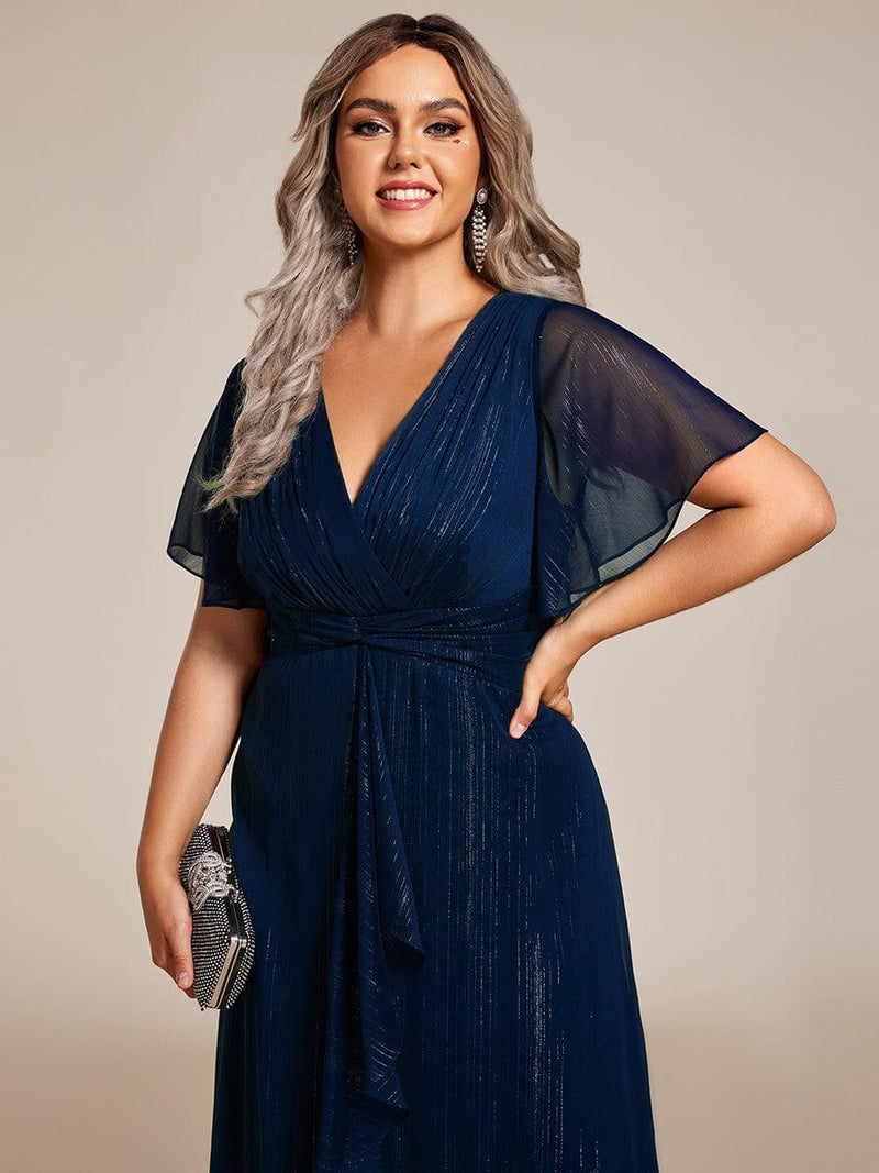 Plus Size Glitter V-Neck A-Line Wedding Guest Dress with Delicate