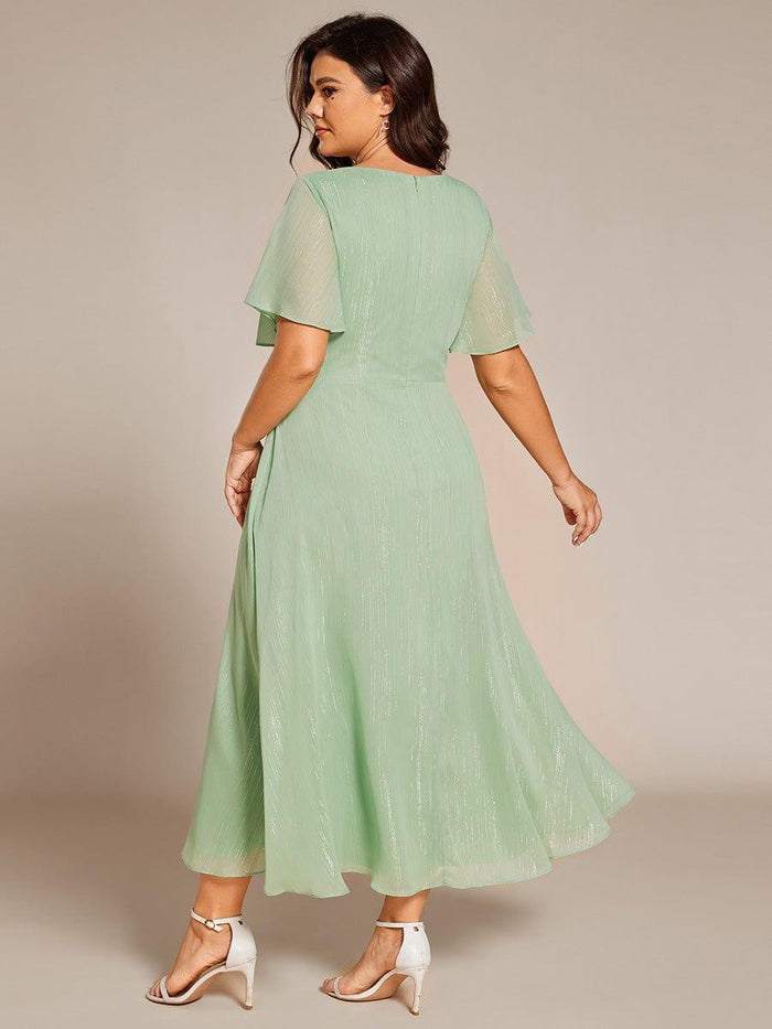 MATHILDE™ - Plus Size Glitter V-Neck Ruffle Hem Swing Cocktail Dress