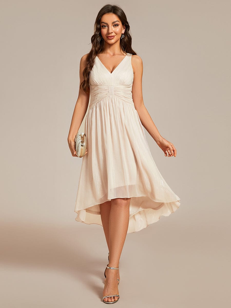 Glitter High-Low  Waist Pleated Sleeveless Wedding Guest Dress #color_Champagne
