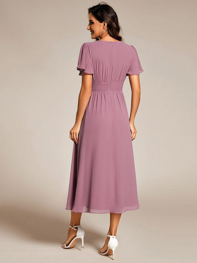 Midi V-Neck Empire Waist Ruffle Sleeves Wedding Guest Dress #color_Purple Orchid