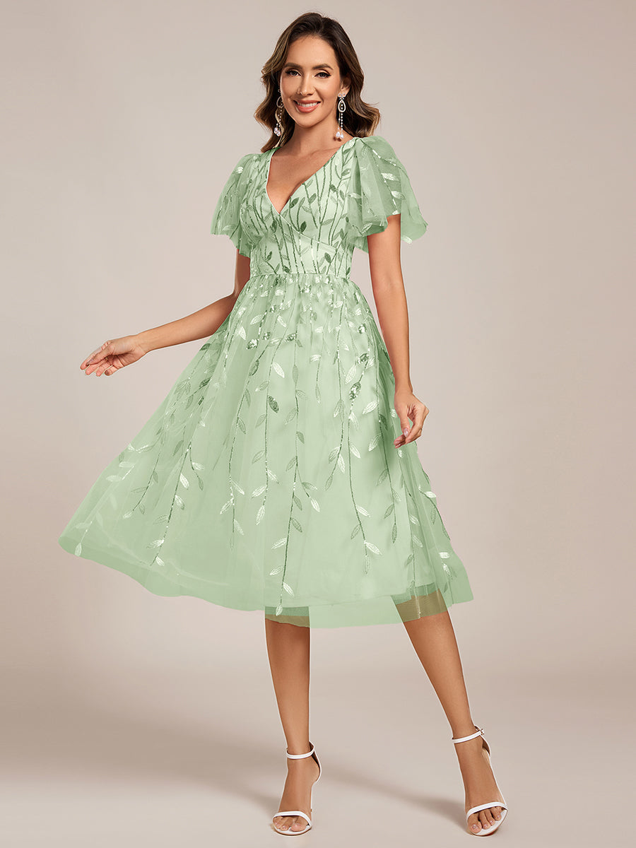 Plus SizeLeaf Sequin Short Sleeve Tulle Midi Wedding Guest Dress #color_Mint Green