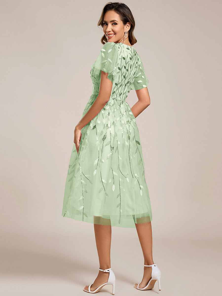 Plus SizeLeaf Sequin Short Sleeve Tulle Midi Wedding Guest Dress #color_Mint Green