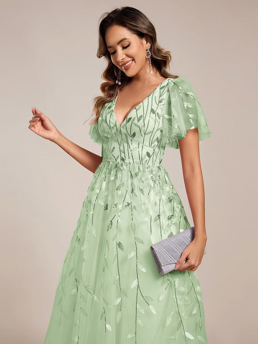 Plus SizeLeaf Sequin Short Sleeve Tulle Midi Wedding Guest Dress #color_Mint Green