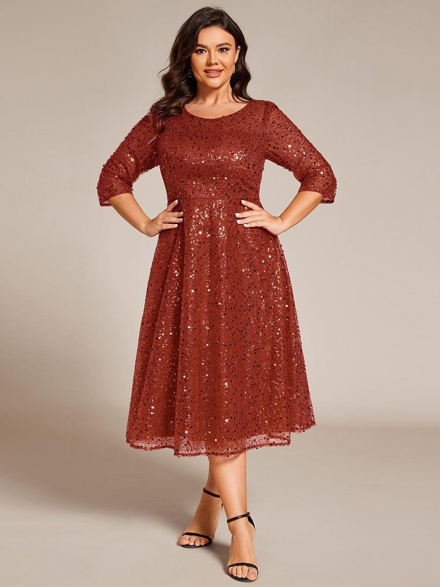 Dazzling Sequin A-Line Midi Evening Dress with Long Sleeves #color_Burnt Orange