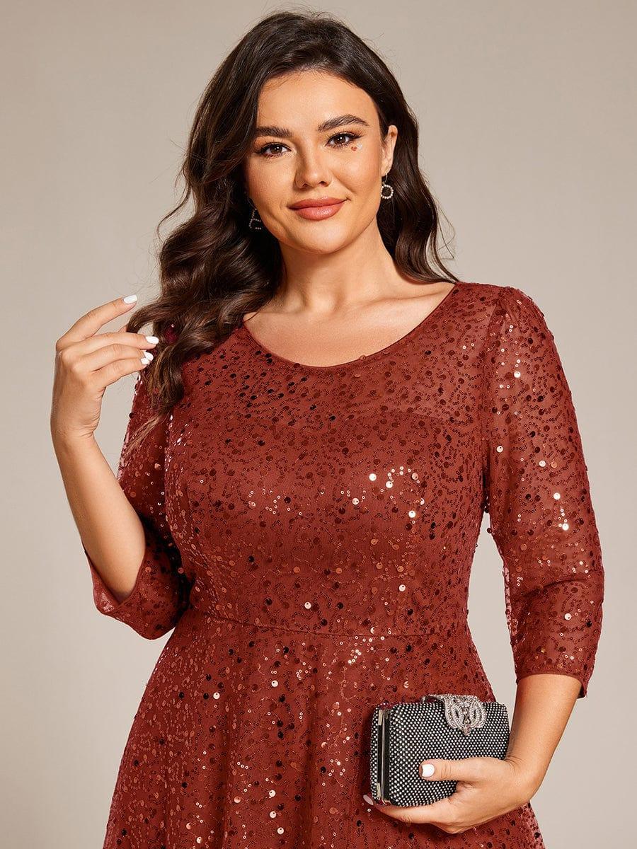 Dazzling Sequin A-Line Midi Evening Dress with Long Sleeves #color_Burnt Orange